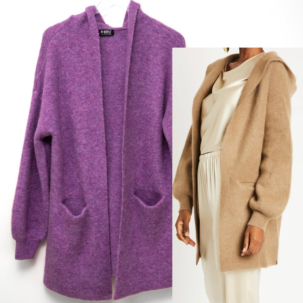 + Beryll Vivi Cashmere Cardigan Sweater Relaxed Coat Hood Purple Lilac One Size